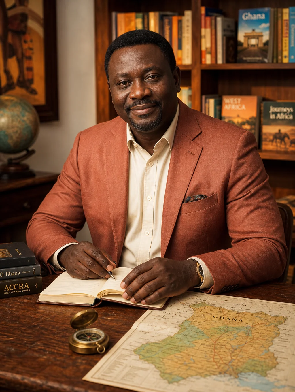 Kam Nganssoh Gildas seated in contemplation at a warm library desk surrounded by mahogany shelves