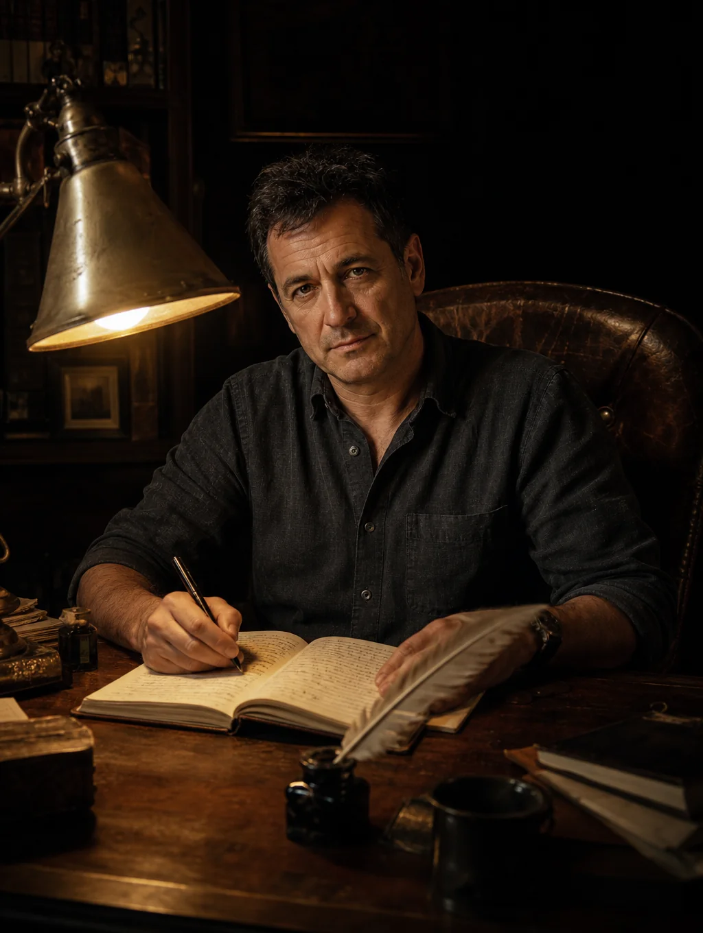 Kam Nganssoh Gildas in deep contemplation at his writing desk with archival manuscripts