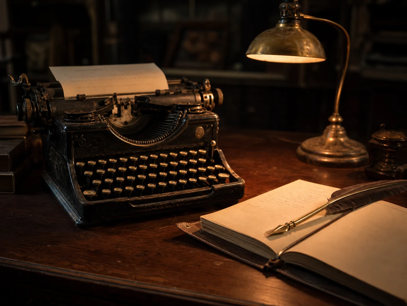 Antique mechanical typewriter with ivory keys and scattered manuscript pages beside a brass reading lamp