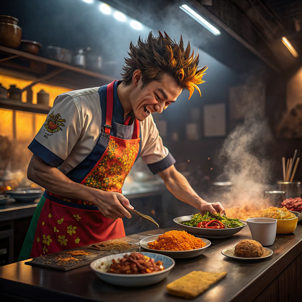 Illustration cartoon d'un jeune chef cuisinier souriant dressant un plat gastronomique face aux vagues de Biarritz