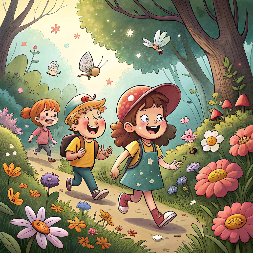 Illustration cartoon d'enfants explorateurs découvrant une clé ancienne dorée dans un jardin ensoleillé