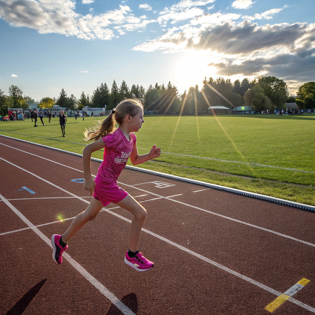 Illustration cartoon d'une jeune coureuse déterminée s'élançant sur une piste d'athlétisme sous une lumière dorée