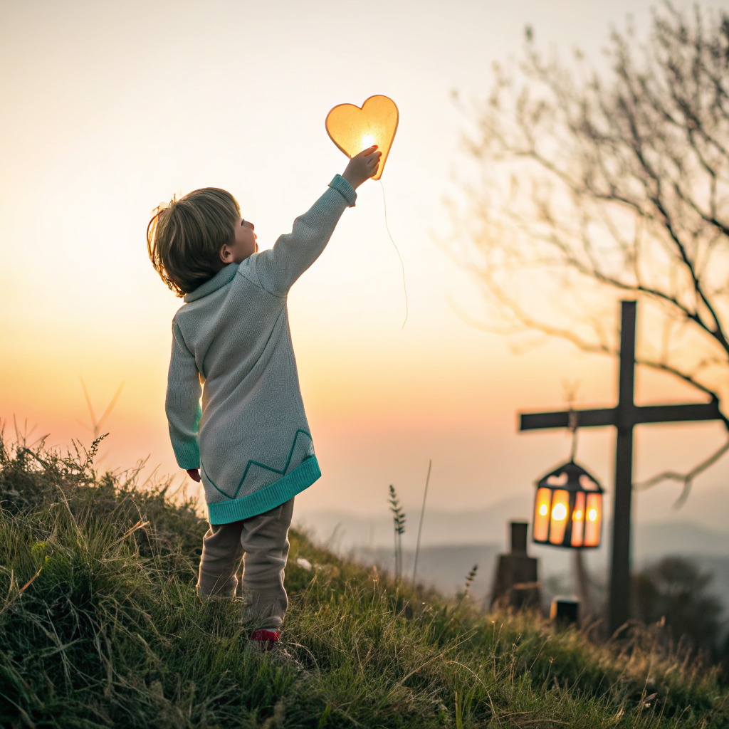 Illustration cartoon touchante d'un jeune enfant tenant un objet précieux sous un ciel d'aube réconfortant