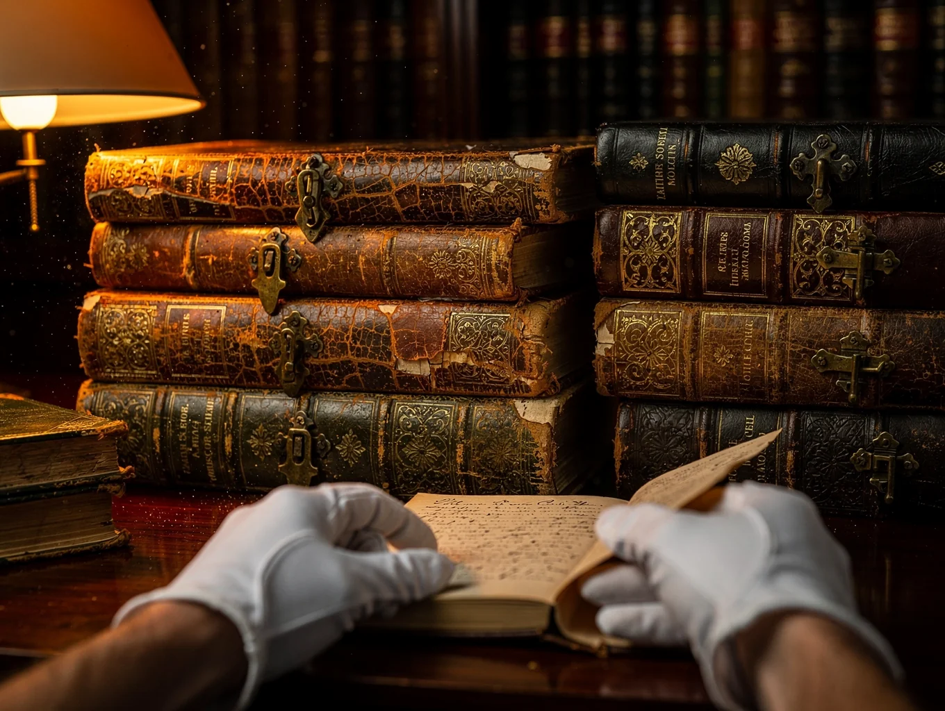 Archival editions of the eighteen KAMSTORYTIME volumes fanned out across an antique mahogany surface