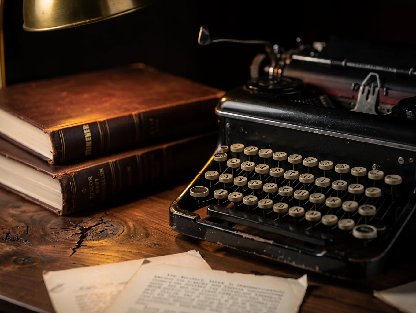 Vintage typewriter and journal notes on a writer desk