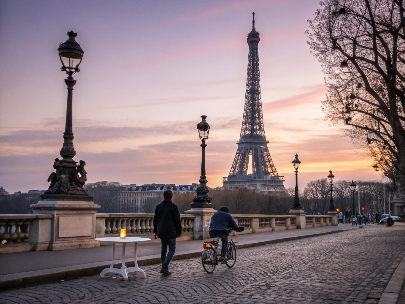Nuit parisienne et silhouette lointaine de la tour Eiffel
