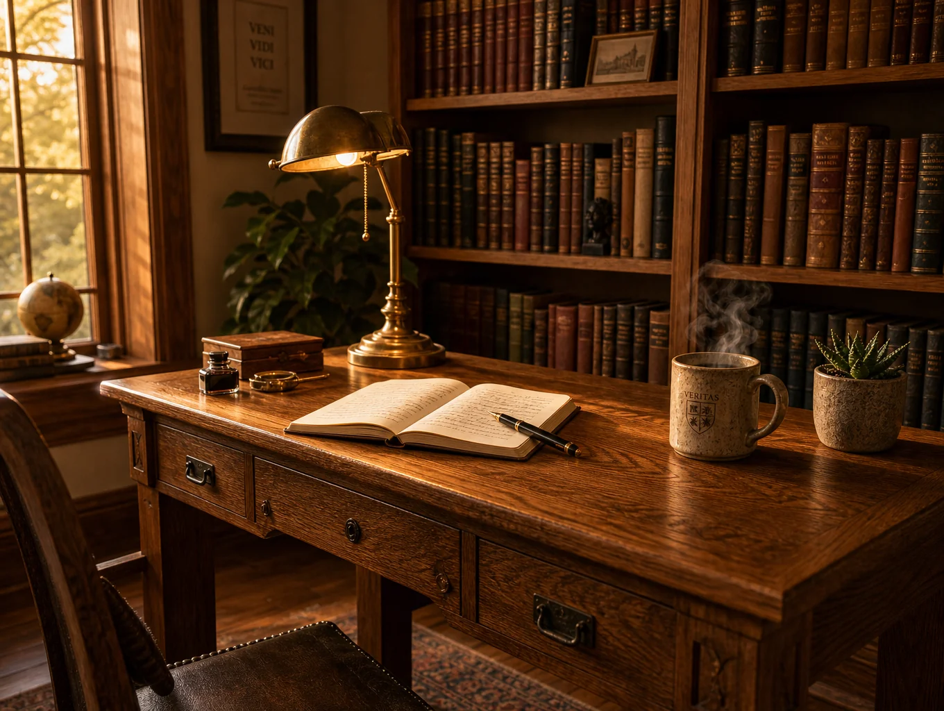 Warm illuminated dawn tones of antique gold breaking through mahogany study depths