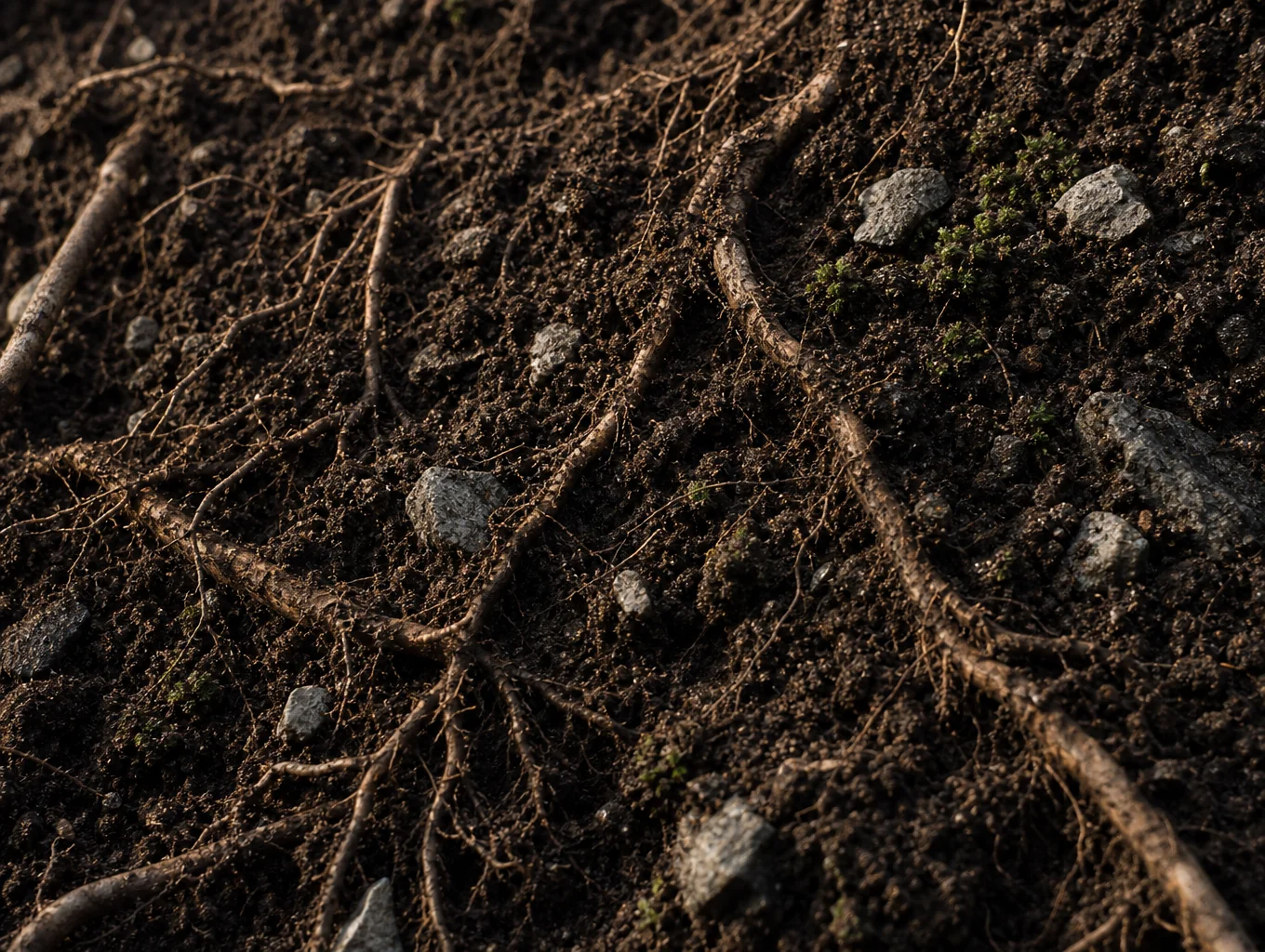 Warm earth and deep roots texture evoking ancestral soil