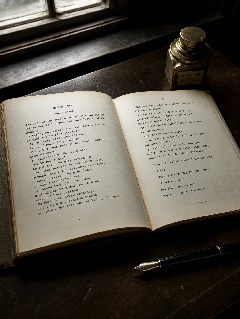 Printed reader companion guide booklet resting on a dark wood desk beside a brass instrument and pen