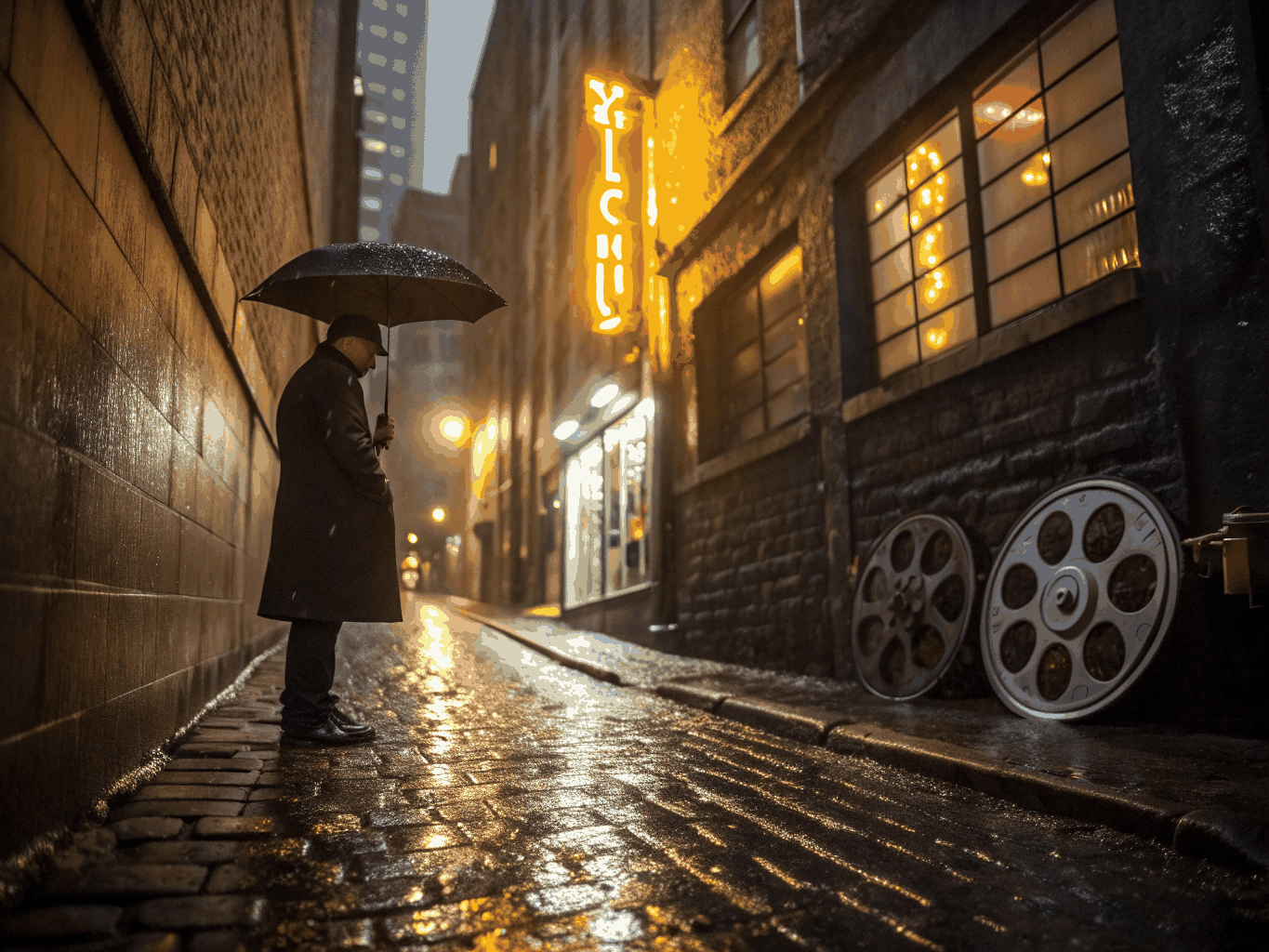 Rainy European city street at night