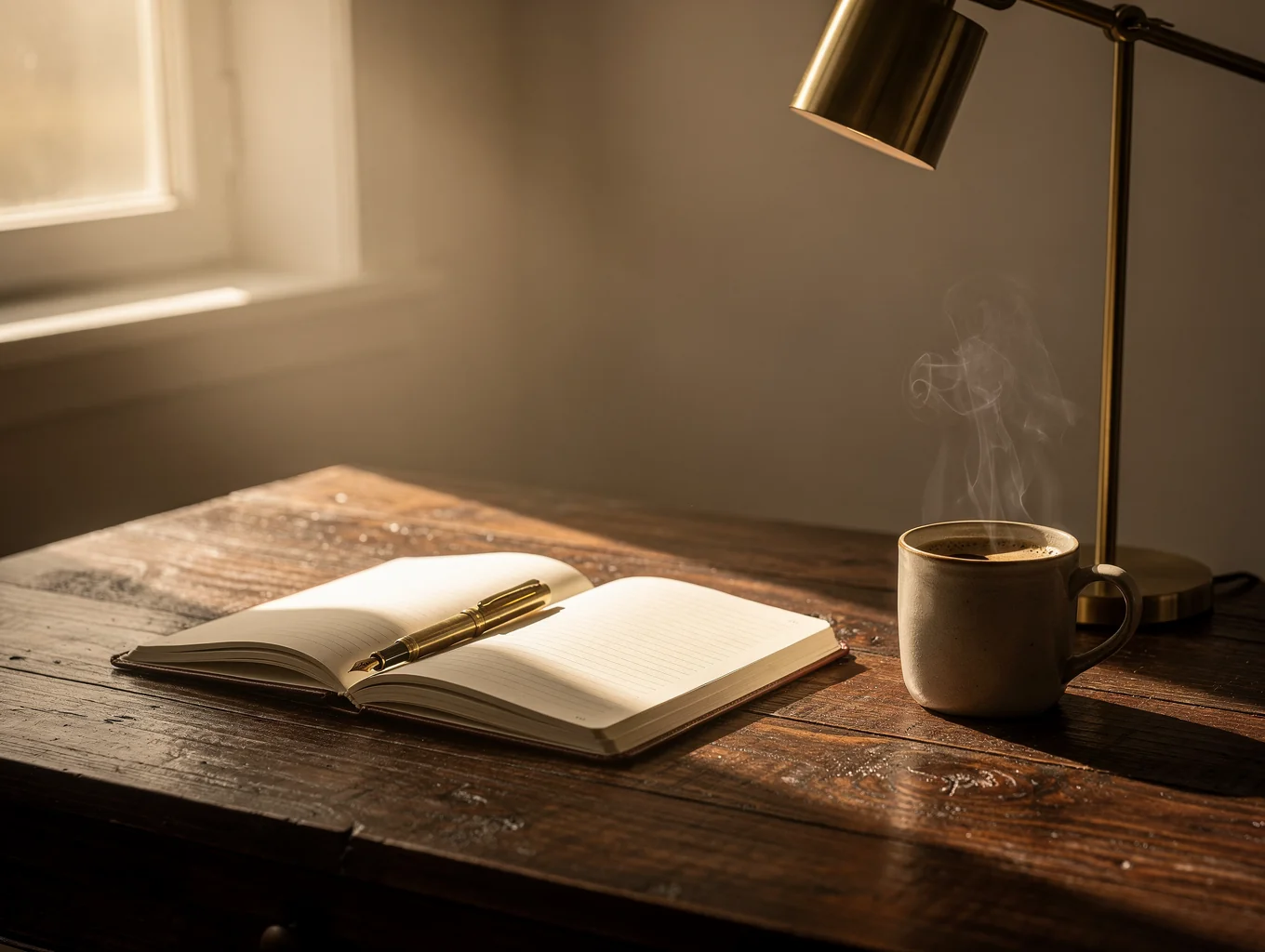 Writing desk at dawn with manuscript and antique gold light