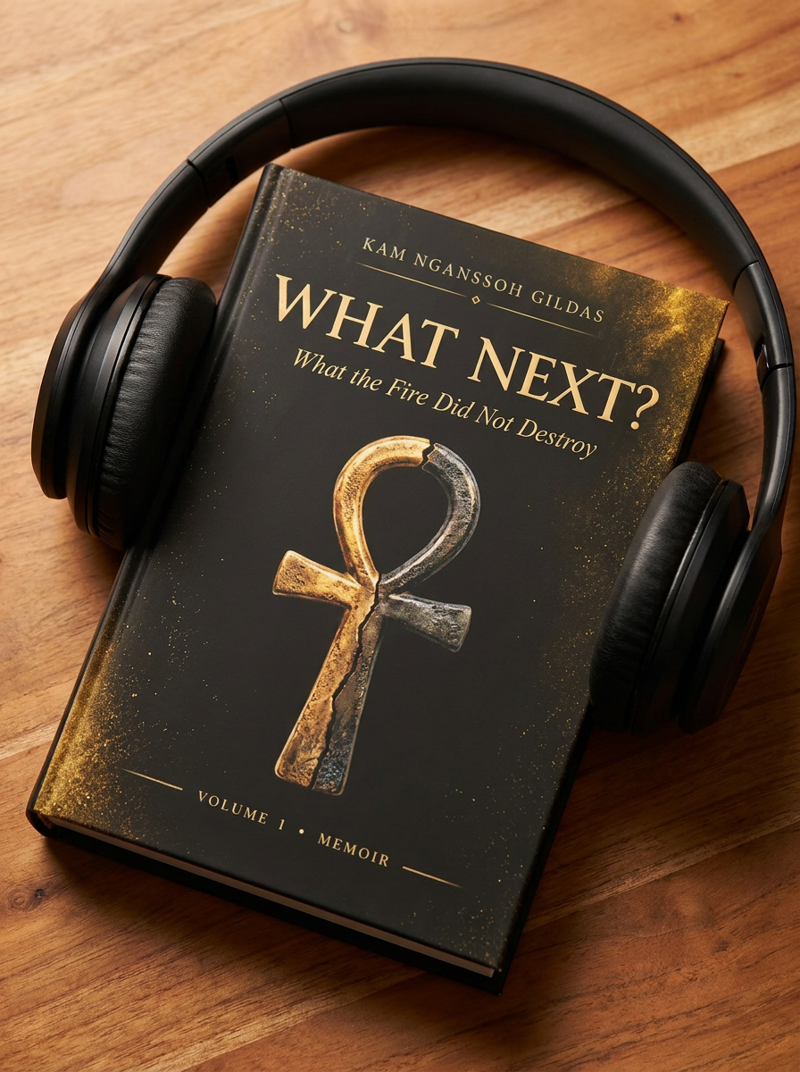 WHAT NEXT? audio edition: the book cover with headphones resting on it